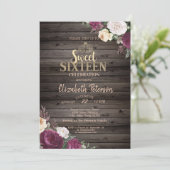 Tiara, Burgund Blume Holz rustikale Süße 16 Party Einladung (Stehend Vorderseite)