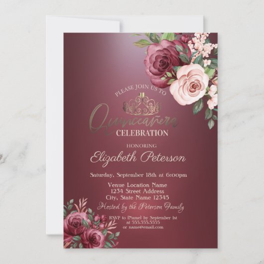 Tiara, Burgund Rose Blume Quinceañera Einladung (Vorderseite)