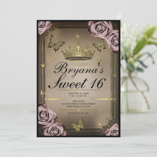 Tiara Butterflies Bale Pink Roses Sweet 16 Foto Einladung (Stehend Vorderseite)