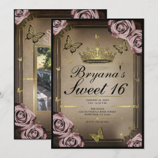 Tiara Butterflies Bale Pink Roses Sweet 16 Foto Einladung