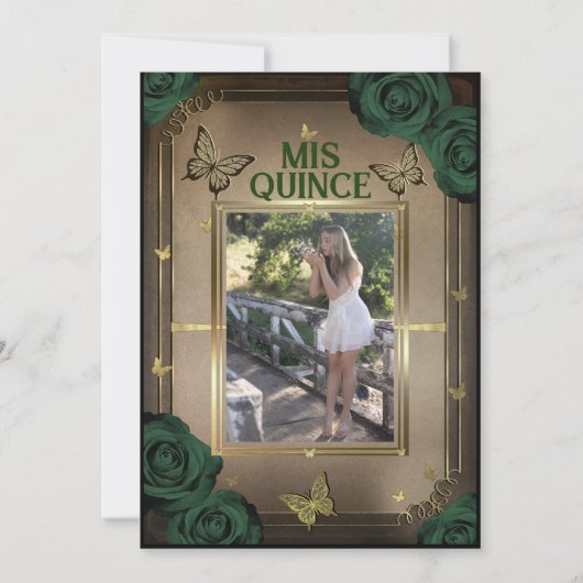 Tiara Butterflies Emerald Green Rose Quinceañera Einladung (Rückseite)