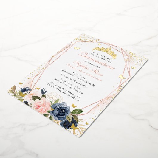 Tiara Butterfly Floral Blush Pink Marine Quinceane Folieneinladung (Gedreht)