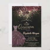 Tiara, Confetti Burgund Blume Dress Quinceañera Einladung (Vorderseite)