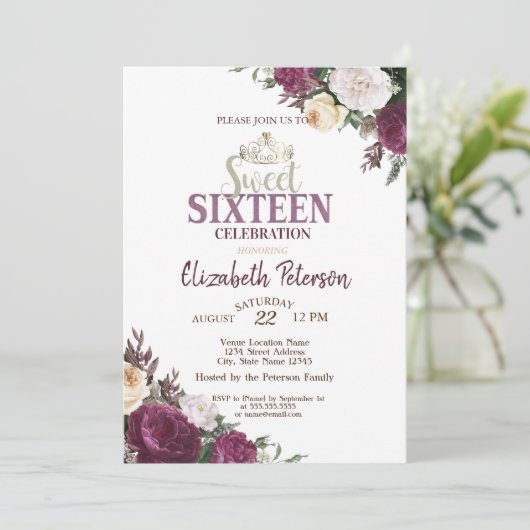 Tiara, Confetti Burgund Blume Süß 16 Party Einladung (Stehend Vorderseite)
