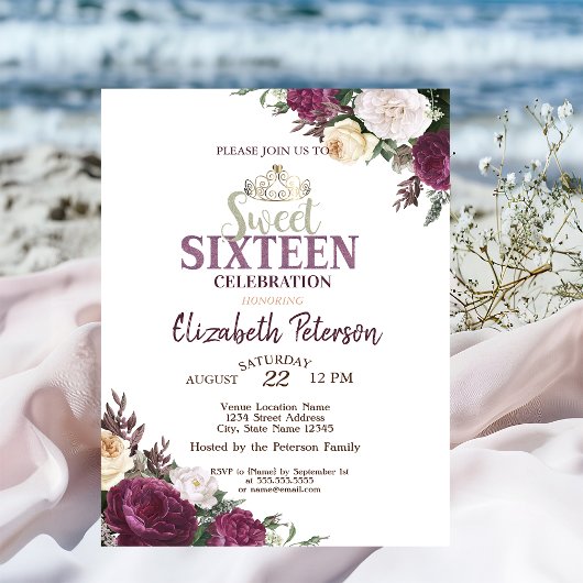 Tiara, Confetti Burgund Blume Süß 16 Party Einladung