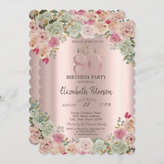 Tiara, Confetti Floral 80. Geburtstag Einladung (Vorne/Hinten)