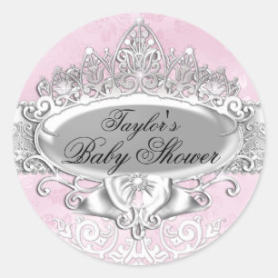 Tiara & Damask Pink Babyduschaufkleber Runder Aufkleber