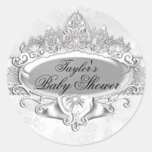 Tiara & Damask Silver Baby Shockaufkleber Runder Aufkleber