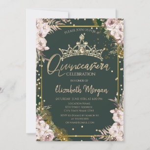 Tiara, Diamanten Boho Blumen Grüne Quinceañera Einladung