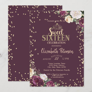 Tiara, Diamanten Bordeaux Floral Sweet 16 Party Einladung