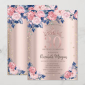 Tiara Diamonds Blue Rose Rose Gold 30. Geburtstag Einladung (Vorne/Hinten)