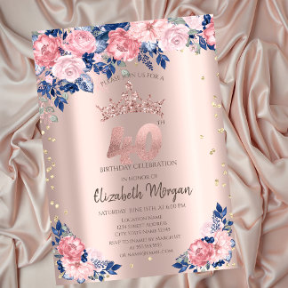 Tiara Diamonds Blue Rose Rose Gold 40. Geburtstag Einladung