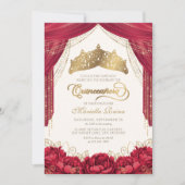 Tiara Floral Red Modern Quinceanera Einladung (Vorderseite)