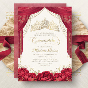 Tiara Floral Rot Moderne Quinceanera Einladung