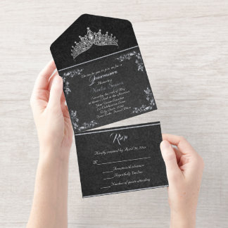 Tiara & Foil Leaf Frame Quinceanera - Black/Silver All-in-One-Einladung