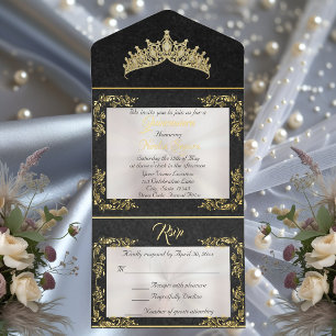 Tiara & Foil Leaf Rahmen Quinceanera - Perle/Gold All-in-One-Einladung
