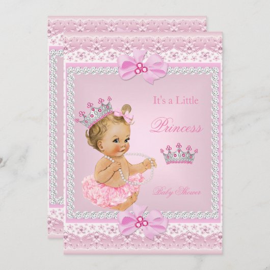Tiara Girl Princess Baby Dusche Pink Pearls Blonde Einladung (Vorne/Hinten)