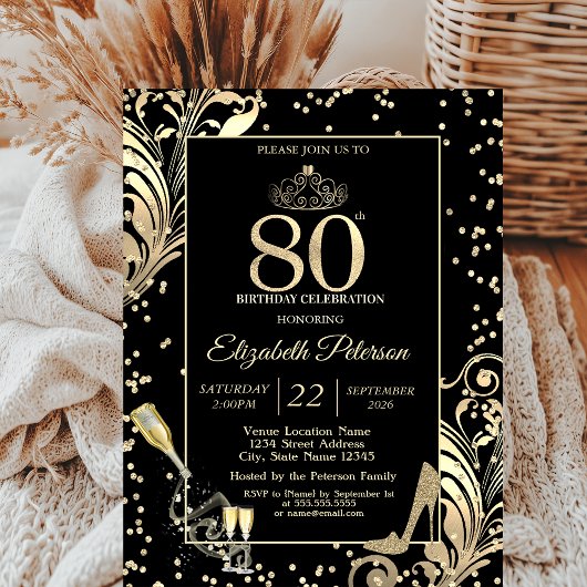 Tiara Glitter Heels Diamonds Swirls 80th Birthday Einladung