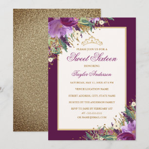 Tiara Glitzer Amethyst Lila Floral 16 . Geburtstag Einladung