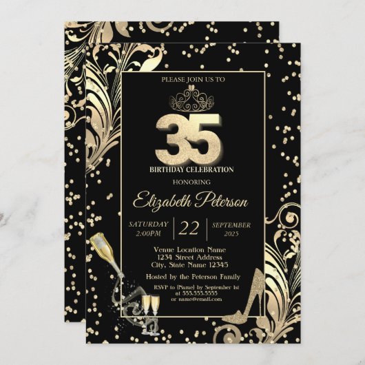 Tiara Glitzer Heelses Diamonds Wirbel 35. Geburtst Einladung (Vorne/Hinten)