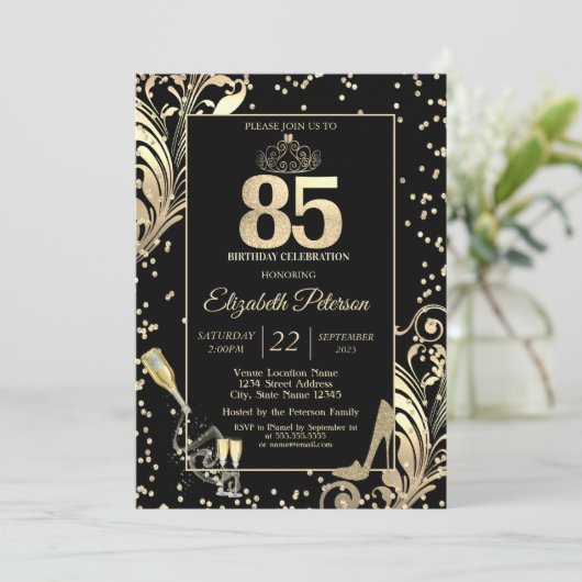 Tiara Glitzer Heelses Diamonds Wirbel 50. Geburtst Einladung (Stehend Vorderseite)