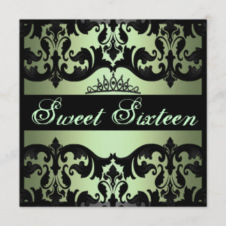 Tiara Green Sweet16 Damask Birthday Invite Einladung