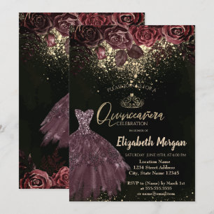 Tiara, Konfetti-Bordeaux-Blumen-Kleid Quinceañera Einladung
