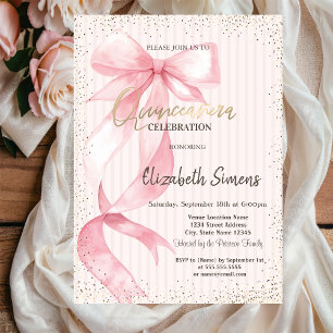 Tiara, Konfetti, Rosa Schleifen gestreift Quinceañ Einladung