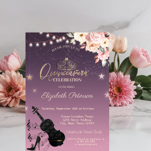 Tiara,Lichterkette,Gitarre, Florale Quinceañera Einladung
