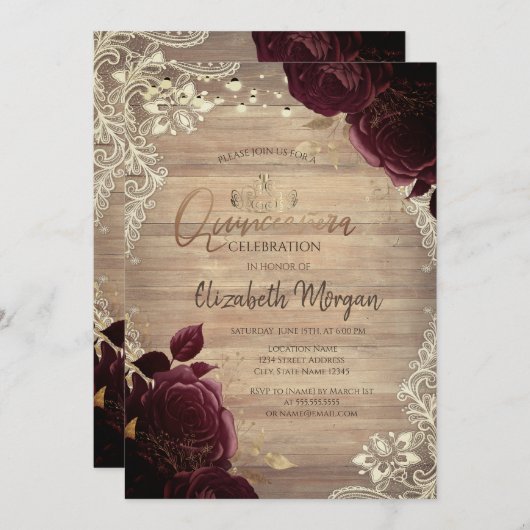 Tiara, Lights, Wood Burgund Rose Lace Quinceañera Einladung (Vorne/Hinten)