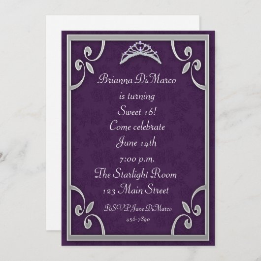 Tiara-lila silberne Einladung (Vorne/Hinten)