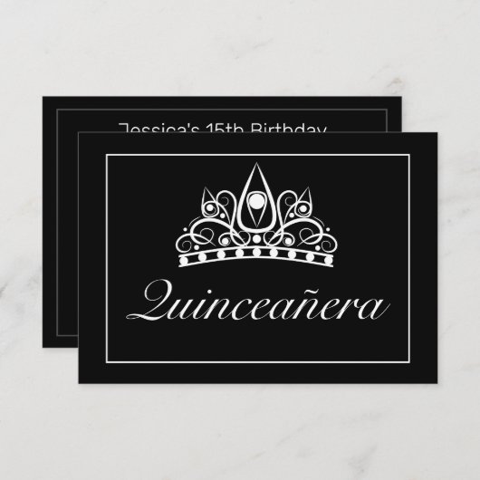Tiara Modern Minimalistisch White Black Qinceanera RSVP Karte (Vorne/Hinten)