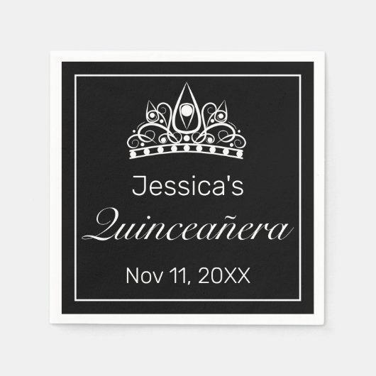 Tiara Modern Minimalistisch White Black Quinceañer Serviette (Vorderseite)