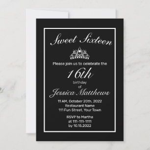 Tiara Modern Minimalistisch White Black Sweet 16 Einladung