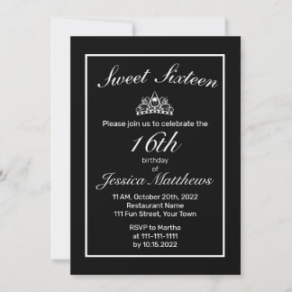 Tiara Modern Minimalistisch White Black Sweet 16 Einladung