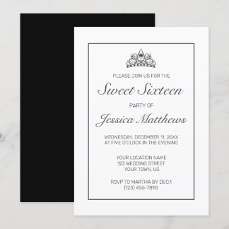 Tiara Modern Minimalistisch White Black Sweet 16 Einladung