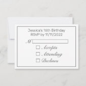 Tiara Modern Minimalistisch White Black Sweet 16 RSVP Karte (Rückseite)