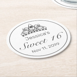 Tiara Modern Minimalistisch White Black Sweet 16 Runder Pappuntersetzer