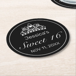 Tiara Modern Minimalistisch White Black Sweet 16 Runder Pappuntersetzer