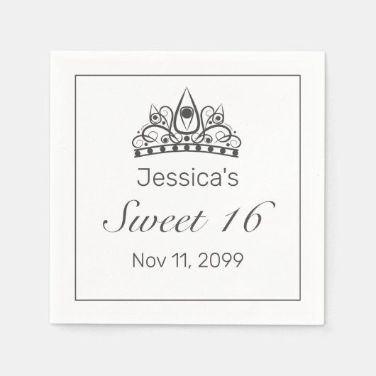 Tiara Modern Minimalistisch White Black Sweet 16 Serviette (Vorderseite)