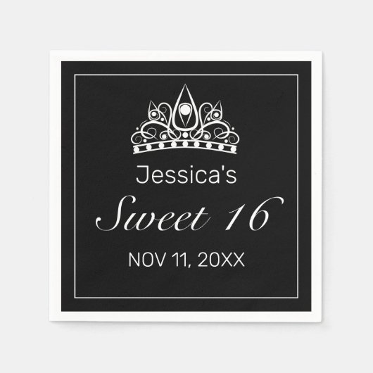Tiara Modern Minimalistisch White Black Sweet 16 Serviette (Vorderseite)