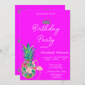 Tiara Pineaple Pink Flamingos Neon Pink Geburtstag Einladung (Vorne/Hinten)