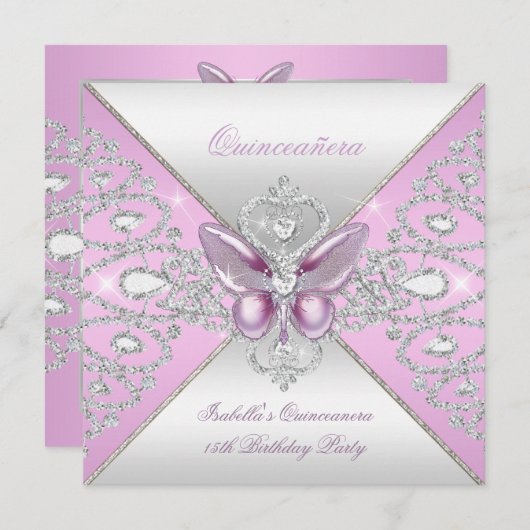 Tiara Pink Butterfly Quinceanera 15. Party Einladung (Vorne/Hinten)