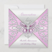 Tiara Pink Butterfly Quinceanera 15. Party Einladung (Vorderseite)