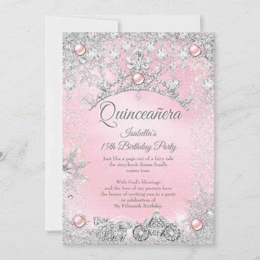 Tiara Pink Quinceanera 15. Winter Carriage Einladung (Vorderseite)