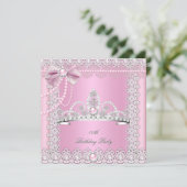 Tiara Pink White Pearls Lace Bow Birthday Party 2 Einladung (Stehend Vorderseite)