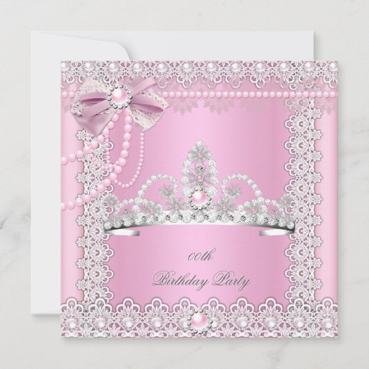 Tiara Pink White Pearls Lace Bow Birthday Party 2 Einladung (Vorderseite)