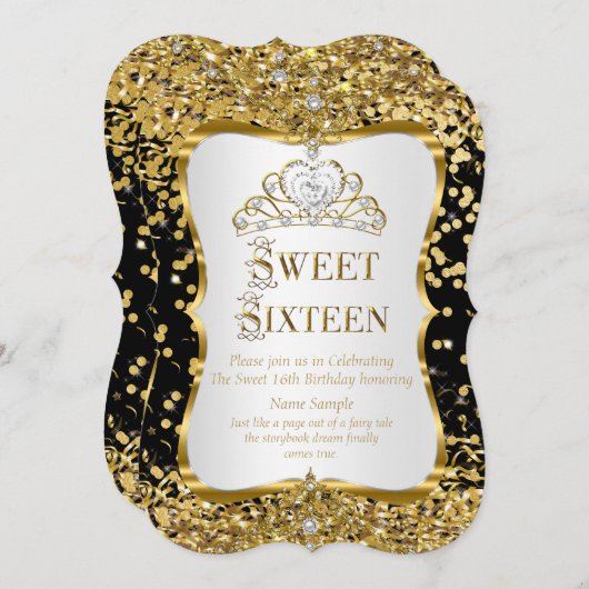 Tiara Princess Sweet 16 Gold Schwarz-weiß Einladun Einladung (Vorne/Hinten)
