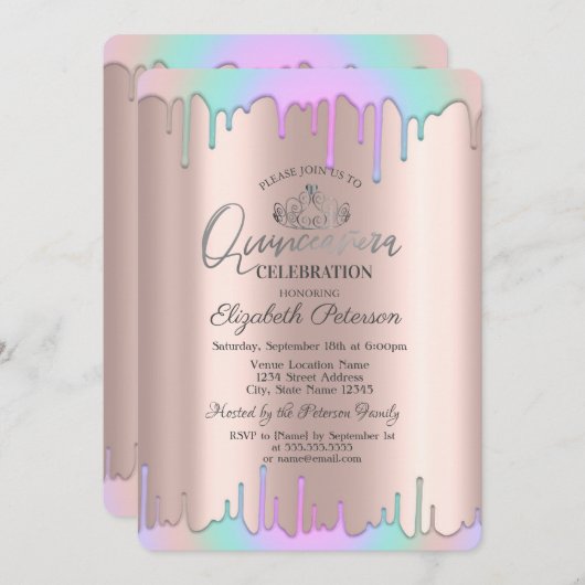 Tiara, Regenbogen Drops Rose Gold Quinceañera Einladung (Vorne/Hinten)