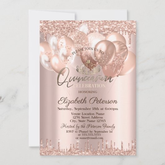Tiara, Rose Gold Glitzer Drops Balloons Quinceañer Einladung (Vorderseite)